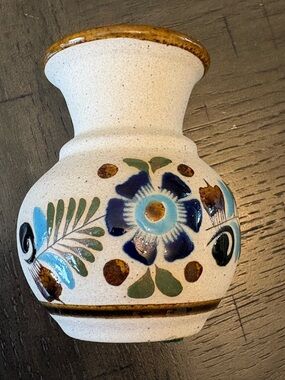 RS Handmade Mexican Pottery Vase Hand Painted Blue Floral Design Traditional Art
